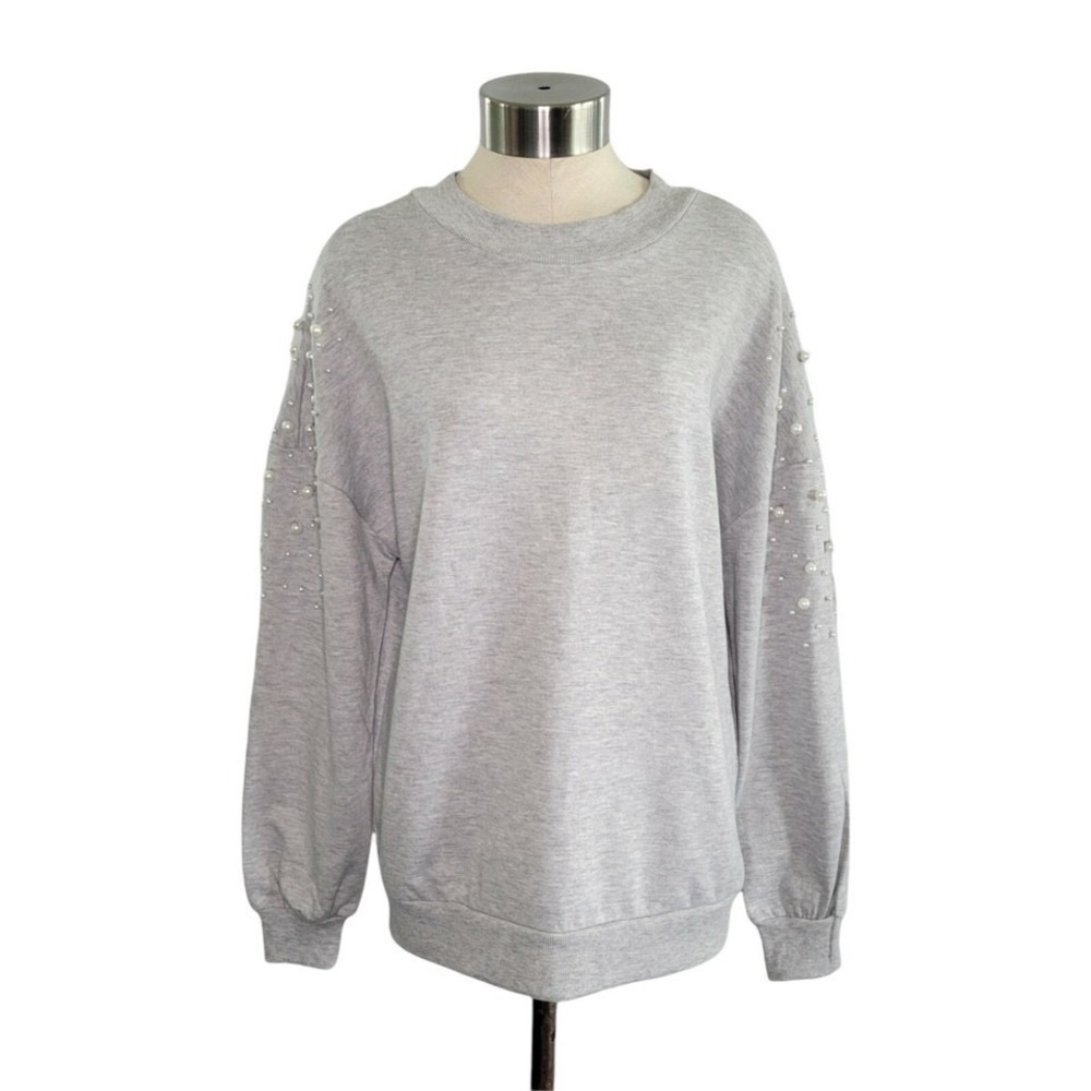 Alya by Francesca's Gray Pearl Sleeve Embellished Pullover Sweatshirt Size S